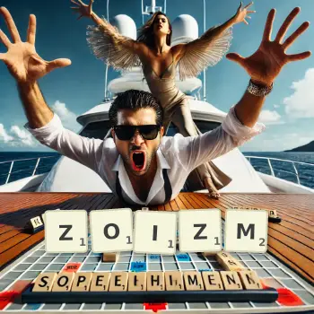 Kreatywna ilustracja do gry w Scrabble ze słowem ZOIZM ułożonym z płytek na planszy.