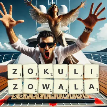 Kreatywna ilustracja do gry w Scrabble ze słowem ZOKULIZOWALA ułożonym z płytek na planszy.