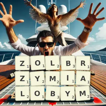 Kreatywna ilustracja do gry w Scrabble ze słowem ZOLBRZYMIALOBYM ułożonym z płytek na planszy.