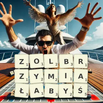 Kreatywna ilustracja do gry w Scrabble ze słowem ZOLBRZYMIAŁABYŚ ułożonym z płytek na planszy.