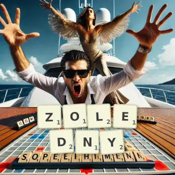 Kreatywna ilustracja do gry w Scrabble ze słowem ZOLEDNY ułożonym z płytek na planszy.
