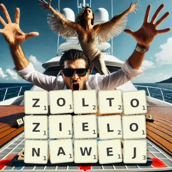 Kreatywna ilustracja do gry w Scrabble ze słowem ZOLTOZIELONAWEJ ułożonym z płytek na planszy.