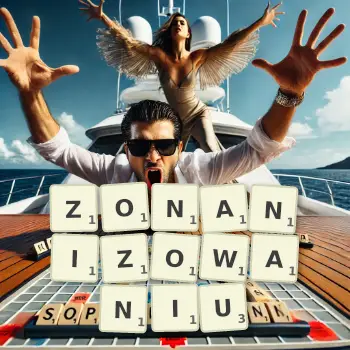 Kreatywna ilustracja do gry w Scrabble ze słowem ZONANIZOWANIU ułożonym z płytek na planszy.