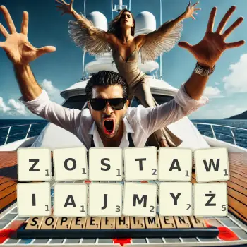 Kreatywna ilustracja do gry w Scrabble ze słowem ZOSTAWIAJMYŻ ułożonym z płytek na planszy.