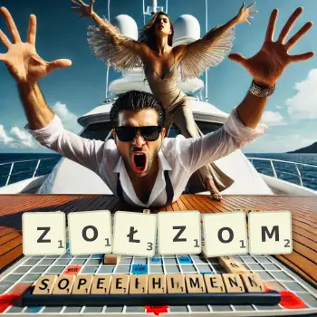 Kreatywna ilustracja do gry w Scrabble ze słowem ZOŁZOM ułożonym z płytek na planszy.