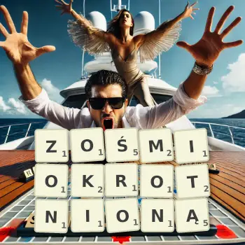 Kreatywna ilustracja do gry w Scrabble ze słowem ZOŚMIOKROTNIONĄ ułożonym z płytek na planszy.