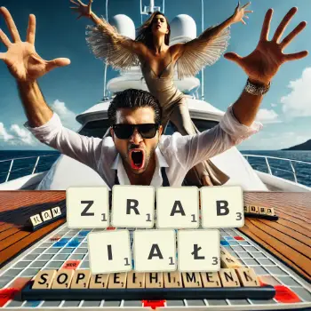 Kreatywna ilustracja do gry w Scrabble ze słowem ZRABIAŁ ułożonym z płytek na planszy.