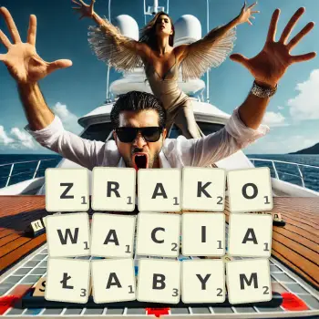 Kreatywna ilustracja do gry w Scrabble ze słowem ZRAKOWACIAŁABYM ułożonym z płytek na planszy.