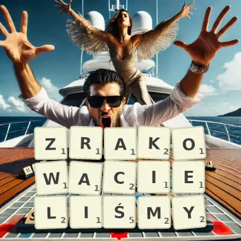 Kreatywna ilustracja do gry w Scrabble ze słowem ZRAKOWACIELIŚMY ułożonym z płytek na planszy.