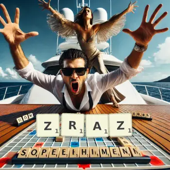 Kreatywna ilustracja do gry w Scrabble ze słowem ZRAZ ułożonym z płytek na planszy.