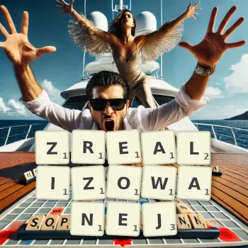 Kreatywna ilustracja do gry w Scrabble ze słowem ZREALIZOWANEJ ułożonym z płytek na planszy.