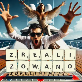 Kreatywna ilustracja do gry w Scrabble ze słowem ZREALIZOWANO ułożonym z płytek na planszy.