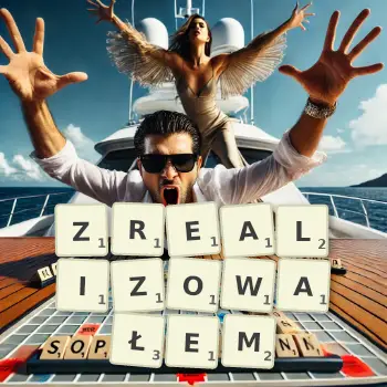 Kreatywna ilustracja do gry w Scrabble ze słowem ZREALIZOWAŁEM ułożonym z płytek na planszy.