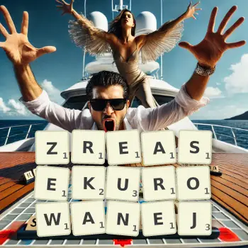Kreatywna ilustracja do gry w Scrabble ze słowem ZREASEKUROWANEJ ułożonym z płytek na planszy.