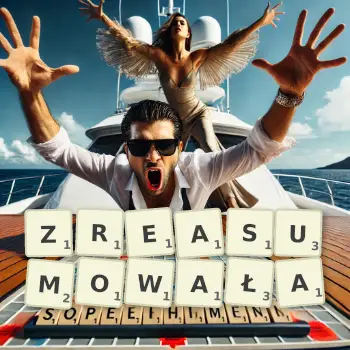 Kreatywna ilustracja do gry w Scrabble ze słowem ZREASUMOWAŁA ułożonym z płytek na planszy.