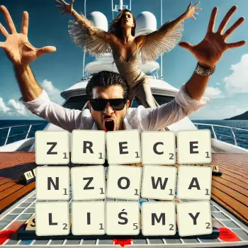 Kreatywna ilustracja do gry w Scrabble ze słowem ZRECENZOWALIŚMY ułożonym z płytek na planszy.