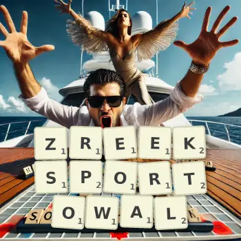 Kreatywna ilustracja do gry w Scrabble ze słowem ZREEKSPORTOWAL ułożonym z płytek na planszy.
