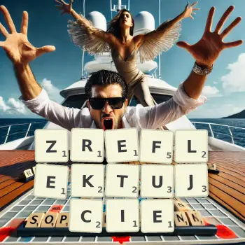 Kreatywna ilustracja do gry w Scrabble ze słowem ZREFLEKTUJCIE ułożonym z płytek na planszy.