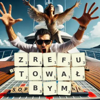 Kreatywna ilustracja do gry w Scrabble ze słowem ZREFUTOWAŁBYM ułożonym z płytek na planszy.