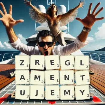 Kreatywna ilustracja do gry w Scrabble ze słowem ZREGLAMENTUJEMY ułożonym z płytek na planszy.