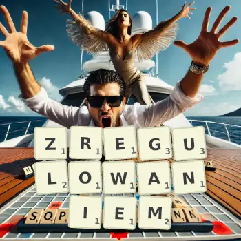 Kreatywna ilustracja do gry w Scrabble ze słowem ZREGULOWANIEM ułożonym z płytek na planszy.