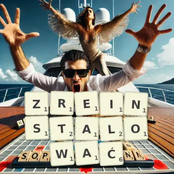 Kreatywna ilustracja do gry w Scrabble ze słowem ZREINSTALOWAĆ ułożonym z płytek na planszy.