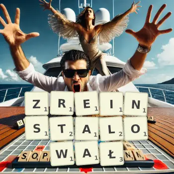 Kreatywna ilustracja do gry w Scrabble ze słowem ZREINSTALOWAŁ ułożonym z płytek na planszy.