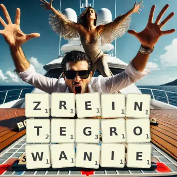 Kreatywna ilustracja do gry w Scrabble ze słowem ZREINTEGROWANIE ułożonym z płytek na planszy.