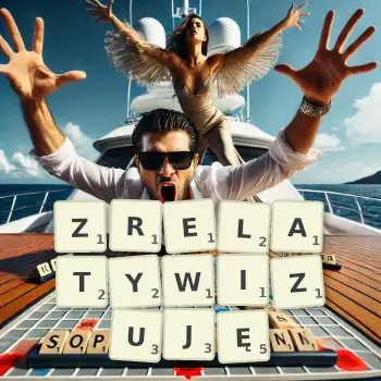 Kreatywna ilustracja do gry w Scrabble ze słowem ZRELATYWIZUJĘ ułożonym z płytek na planszy.