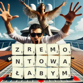 Kreatywna ilustracja do gry w Scrabble ze słowem ZREMONTOWAŁABYM ułożonym z płytek na planszy.