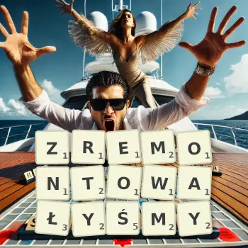 Kreatywna ilustracja do gry w Scrabble ze słowem ZREMONTOWAŁYŚMY ułożonym z płytek na planszy.