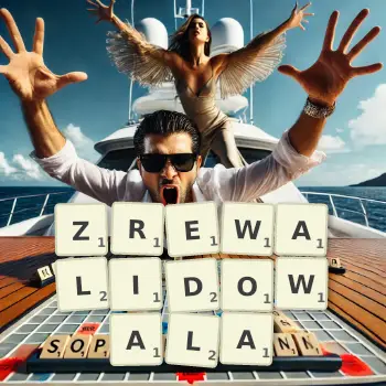 Kreatywna ilustracja do gry w Scrabble ze słowem ZREWALIDOWALA ułożonym z płytek na planszy.