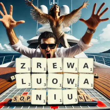 Kreatywna ilustracja do gry w Scrabble ze słowem ZREWALUOWANIU ułożonym z płytek na planszy.