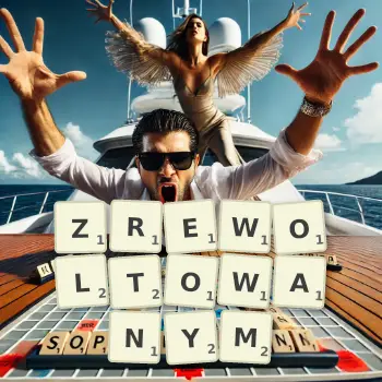 Kreatywna ilustracja do gry w Scrabble ze słowem ZREWOLTOWANYM ułożonym z płytek na planszy.