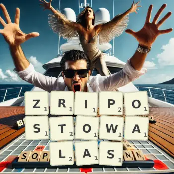 Kreatywna ilustracja do gry w Scrabble ze słowem ZRIPOSTOWALAS ułożonym z płytek na planszy.