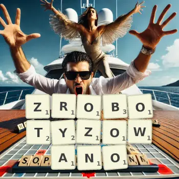 Kreatywna ilustracja do gry w Scrabble ze słowem ZROBOTYZOWANO ułożonym z płytek na planszy.