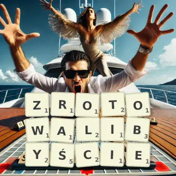 Kreatywna ilustracja do gry w Scrabble ze słowem ZROTOWALIBYŚCIE ułożonym z płytek na planszy.