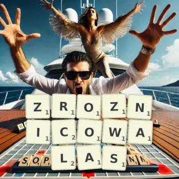 Kreatywna ilustracja do gry w Scrabble ze słowem ZROZNICOWALAS ułożonym z płytek na planszy.