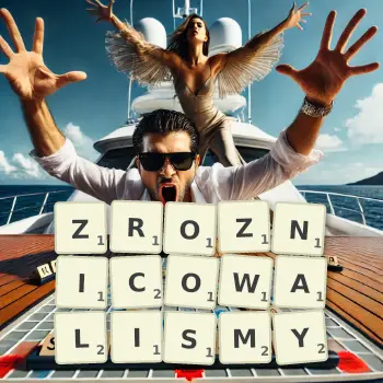 Kreatywna ilustracja do gry w Scrabble ze słowem ZROZNICOWALISMY ułożonym z płytek na planszy.