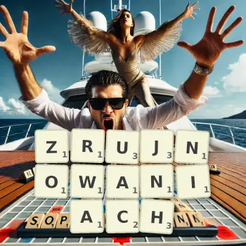 Kreatywna ilustracja do gry w Scrabble ze słowem ZRUJNOWANIACH ułożonym z płytek na planszy.