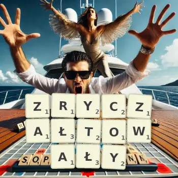 Kreatywna ilustracja do gry w Scrabble ze słowem ZRYCZAŁTOWAŁY ułożonym z płytek na planszy.