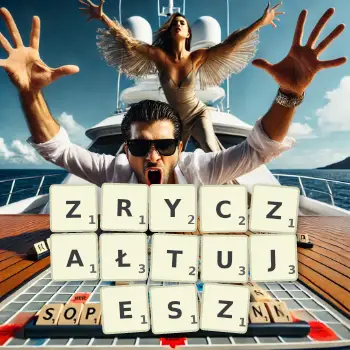 Kreatywna ilustracja do gry w Scrabble ze słowem ZRYCZAŁTUJESZ ułożonym z płytek na planszy.