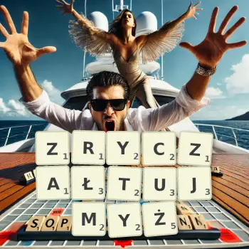 Kreatywna ilustracja do gry w Scrabble ze słowem ZRYCZAŁTUJMYŻ ułożonym z płytek na planszy.