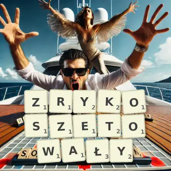 Kreatywna ilustracja do gry w Scrabble ze słowem ZRYKOSZETOWAŁY ułożonym z płytek na planszy.