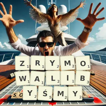 Kreatywna ilustracja do gry w Scrabble ze słowem ZRYMOWALIBYŚMY ułożonym z płytek na planszy.