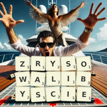 Kreatywna ilustracja do gry w Scrabble ze słowem ZRYSOWALIBYSCIE ułożonym z płytek na planszy.