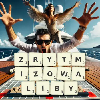 Kreatywna ilustracja do gry w Scrabble ze słowem ZRYTMIZOWALIBY ułożonym z płytek na planszy.