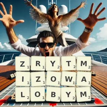 Kreatywna ilustracja do gry w Scrabble ze słowem ZRYTMIZOWALOBYM ułożonym z płytek na planszy.