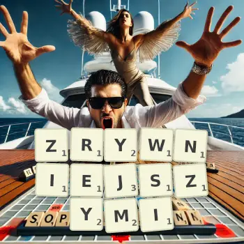 Kreatywna ilustracja do gry w Scrabble ze słowem ZRYWNIEJSZYMI ułożonym z płytek na planszy.