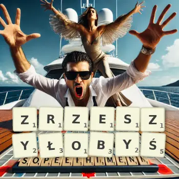 Kreatywna ilustracja do gry w Scrabble ze słowem ZRZESZYŁOBYŚ ułożonym z płytek na planszy.